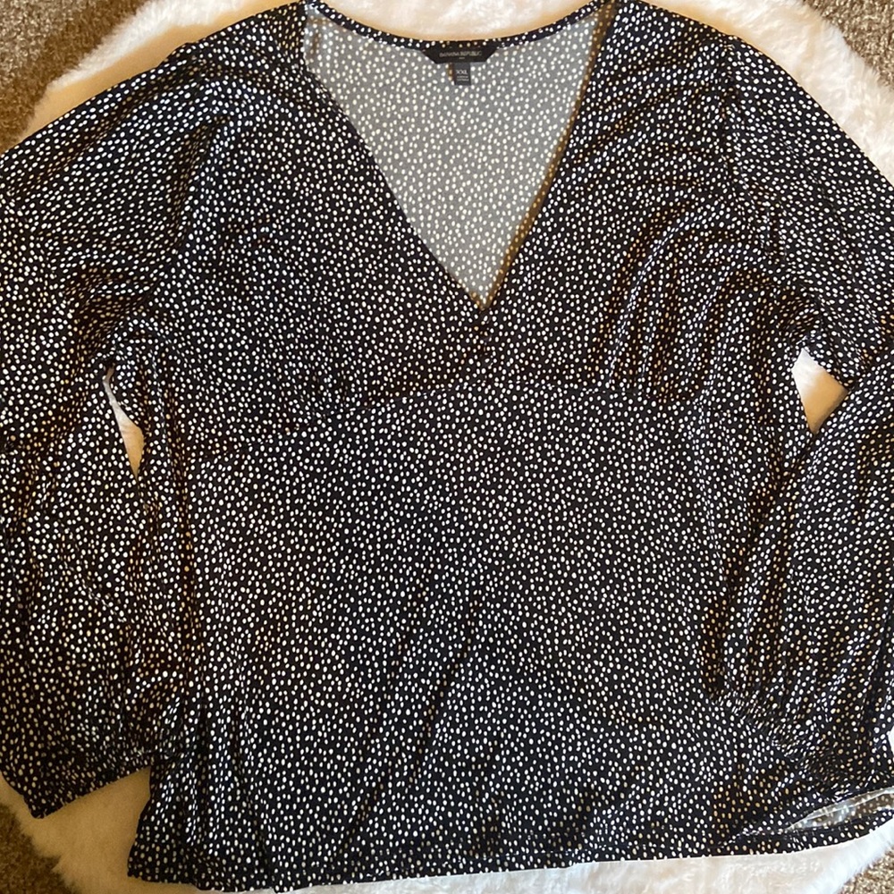 Plus size black and white dot deep v-neck blouse